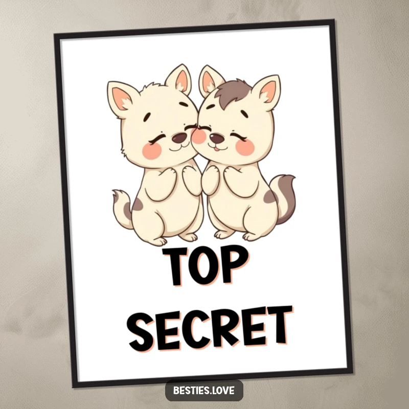 Funny Bestie Animals Poster: An artistic depiction of two friends humorously whispering secrets with exaggerated expressions, celebrating shared confidences.