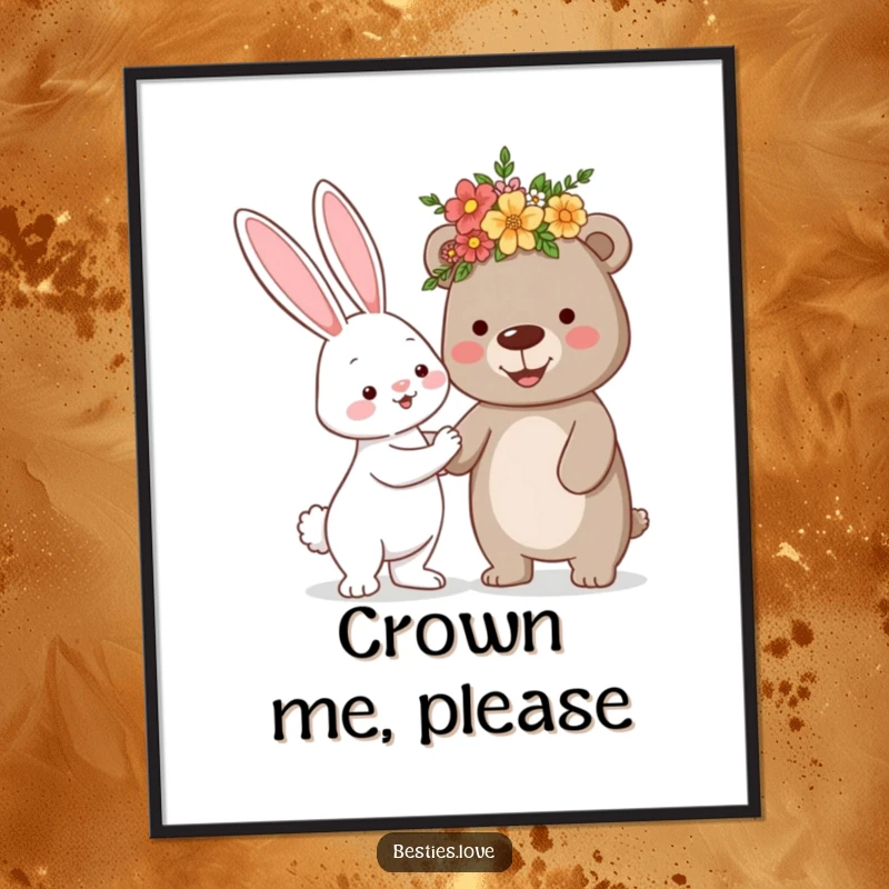 Funny poster showcasing a bunny offering a silly flower crown to a smiling bear, celebrating sweet friendship and cheerful moments.
