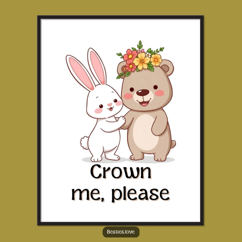 Funny Bunny Bear Flower Crown Poster - Cute Animal Wall Art Print
