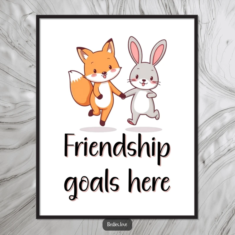 Funny fox and rabbit best friends poster, capturing their energetic skipping and hand-holding, symbolizing the pure joy of friendship.