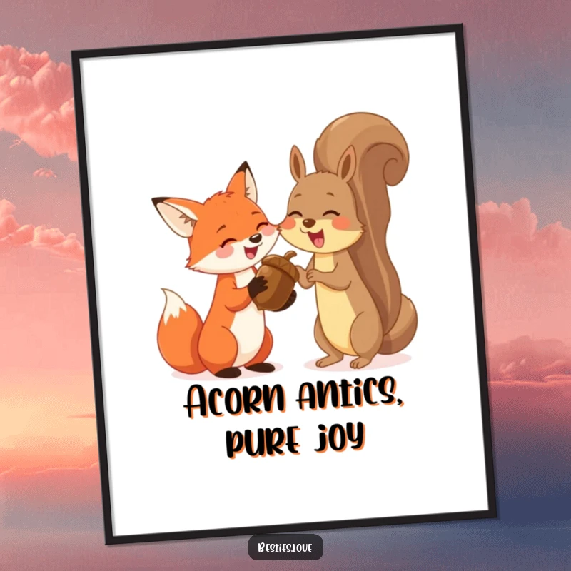 Funny poster print of a cheerful fox and a delighted squirrel sharing a massive acorn and laughing uncontrollably, capturing a moment of pure fun.