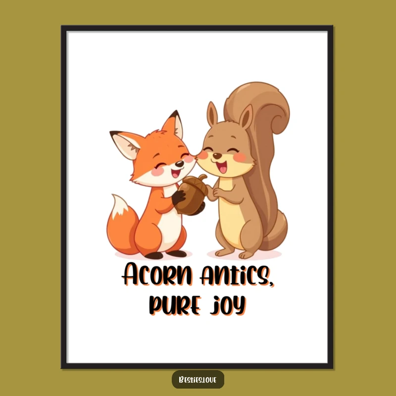 Funny Fox & Squirrel Poster: Giggle-Inducing Art of Woodland Friends & Giant Acorn
