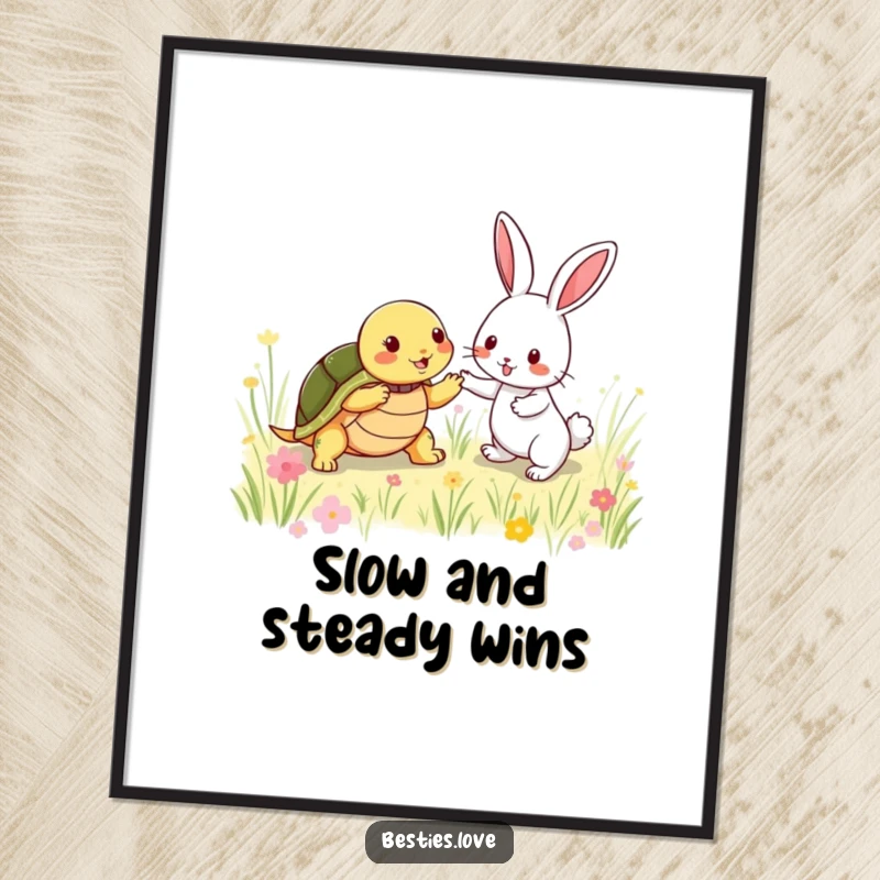 Funny Poster: A shy turtle and an energetic rabbit playfully tagging each other in a sunny meadow, a humorous and vibrant wall art.