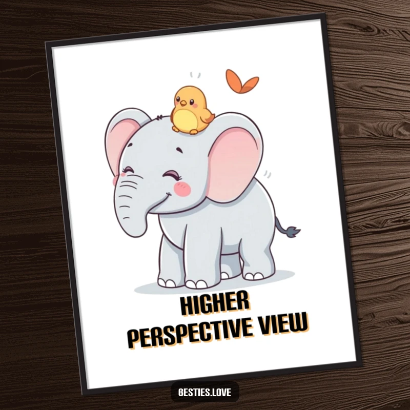 Funny Poster: A smiling elephant offering its back for a tiny bird friend to ride, a humorous and touching illustration of kindness.