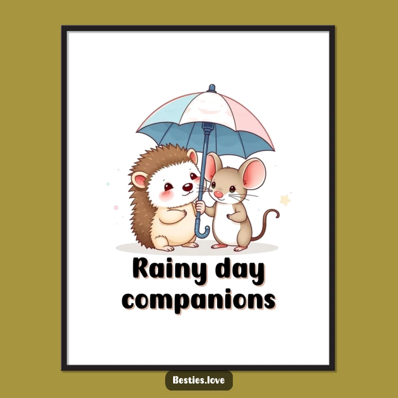 Funny Hedgehog & Mouse Poster: Brave Friends Under a Tiny Umbrella Art