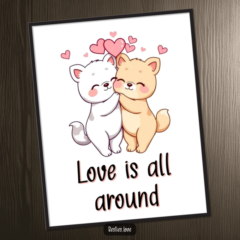Funny kawaii animals in a tight hug surrounded by floating hearts, creating a delightful and heartwarming poster.