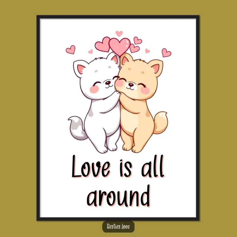 Funny Kawaii Animal Hug Poster: Adorable Wall Art, Cute Gift Idea, Hearts