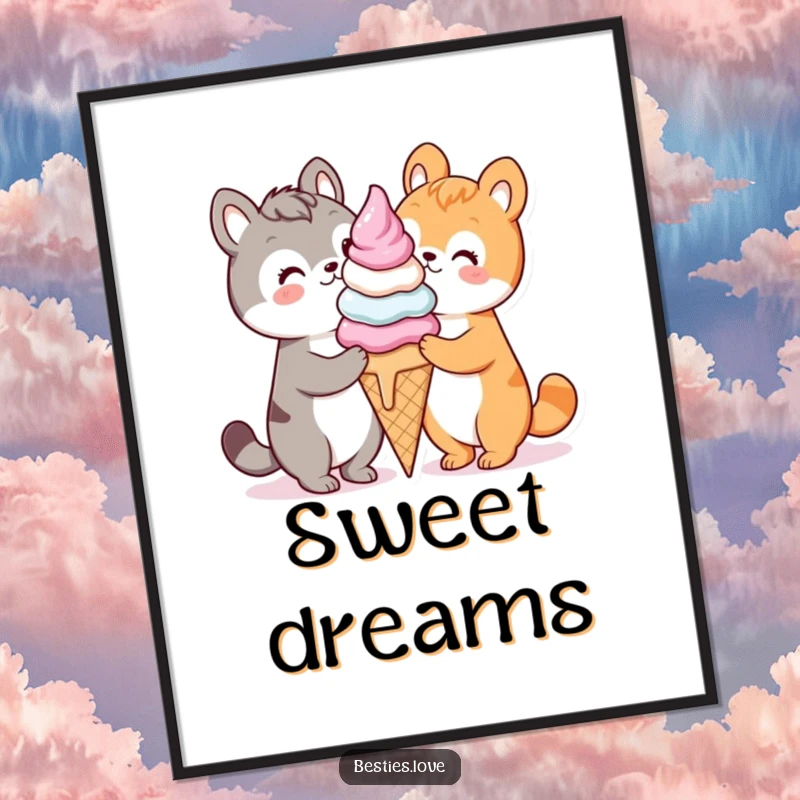 Funny kawaii animals sharing a giant ice cream cone, a vibrant and joyful poster for wall decor, excellent gift.