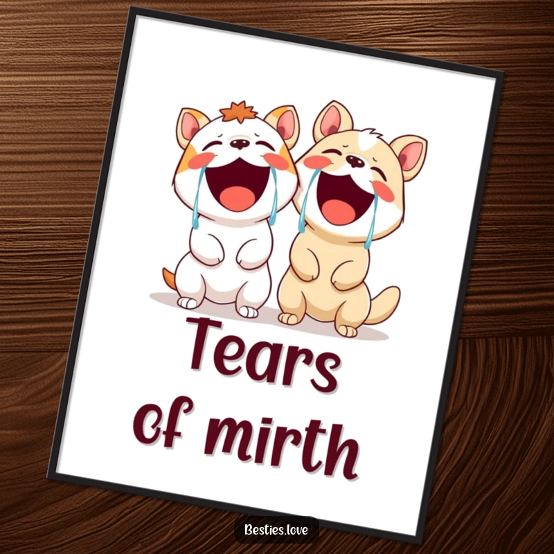 Funny poster art of two animals in hysterics, shedding tears of joy, bringing an immediate sense of humor and happiness to your space.