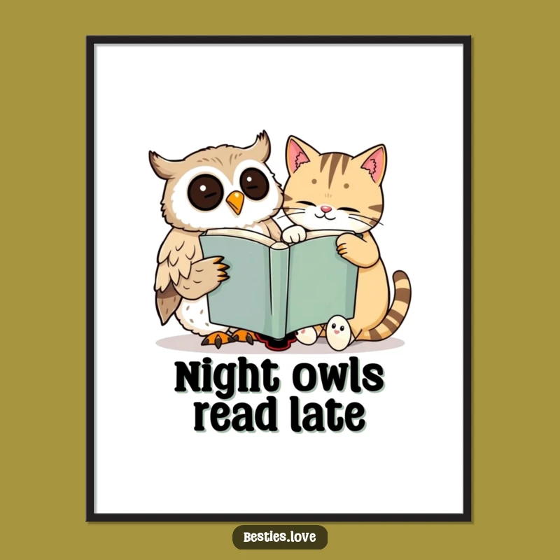 Funny Owl & Cat Poster: Cheerful Reading Duo Captured in Art
