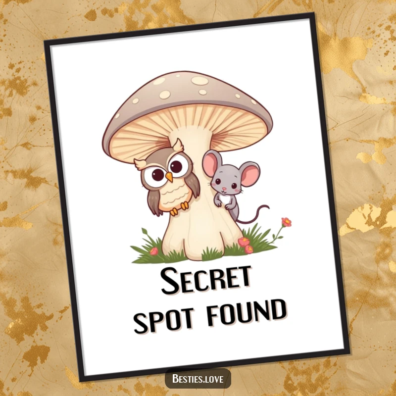 Funny poster featuring an owl and mouse best friends peeking out from behind a whimsical, oversized mushroom, adding charm.