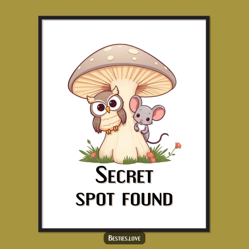 Funny Owl & Mouse Poster - Whimsical Mushroom Peek Art Print