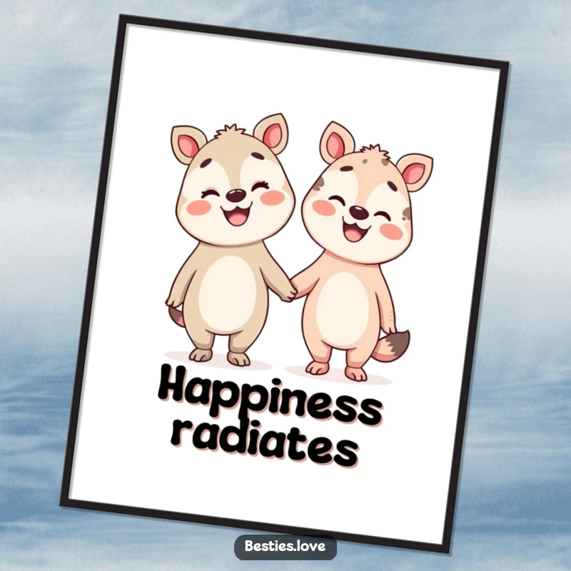 Funny Pals Poster featuring two silly animals holding hands, their faces beaming with broad smiles, perfect for uplifting decor.