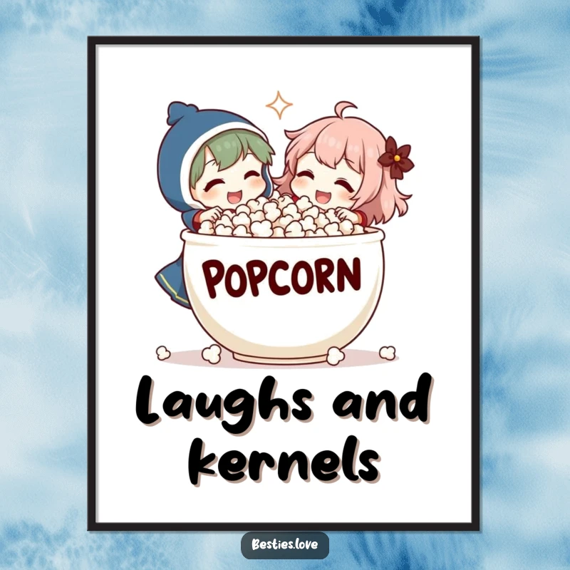 Funny Poster: Two characters are caught in a moment of hilarious laughter while sharing an absurdly large bowl of popcorn.