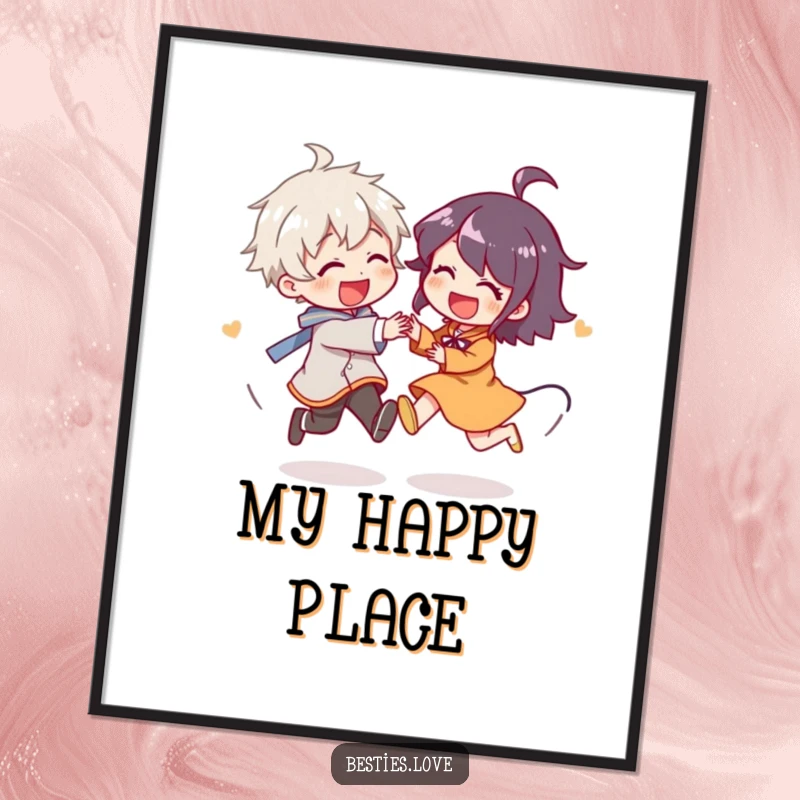 Funny Poster depicting two characters in a delightful, circular chase, their giggles almost audible, radiating pure joy and playful spirit on your wall.