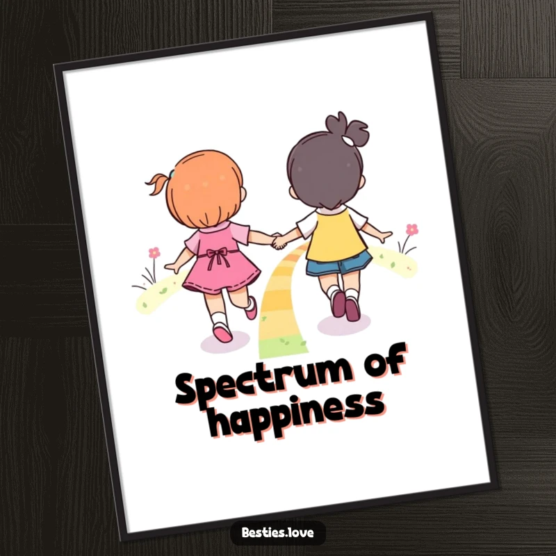 Funny Rainbow Friends Skipping Poster capturing two friends hand-in-hand, happily skipping along a radiant rainbow.