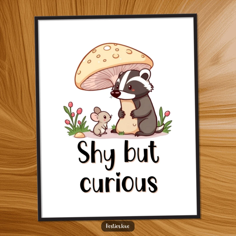Funny poster featuring a shy mouse peeking from under a giant mushroom at a proud badger, capturing a moment of gentle woodland interaction.