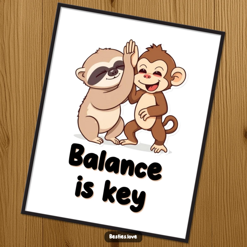 Funny poster print of a sleepy sloth and an energetic monkey high-fiving, celebrating contrasting personalities and friendship.