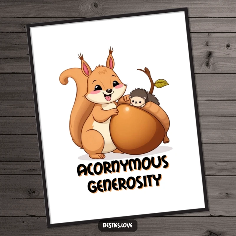Funny poster print of a happy squirrel generously sharing a huge acorn with a tiny hedgehog, celebrating kindness and friendship.