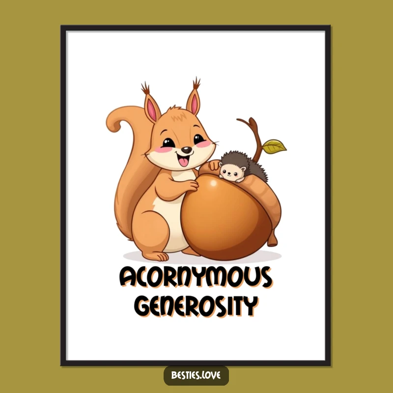Funny Squirrel & Hedgehog Sharing Acorn Poster - Whimsical Wall Art Gift!