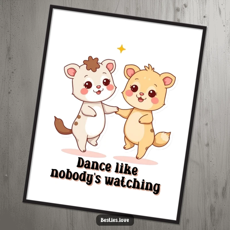 Funny Poster: Two animals are joyfully dancing, their eyes twinkling like stars in a hilarious and heartwarming display of friendship.
