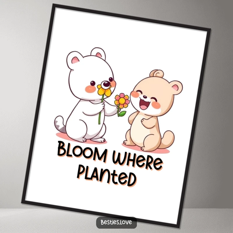 Funny poster of a cute animal offering a bright flower to a laughing companion, symbolizing the beauty of giving and joy.