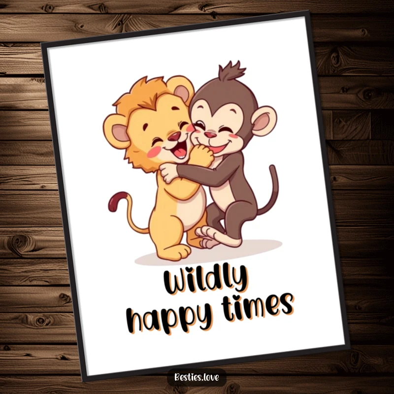 Funny Poster: A lion cub and a playful monkey wrestling joyfully, a humorous and dynamic illustration of animal camaraderie.