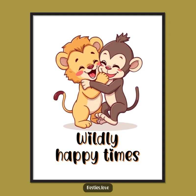 Funny Wild Pals Poster: Lion Cub & Monkey Wrestle Scene, Great Funny Gift