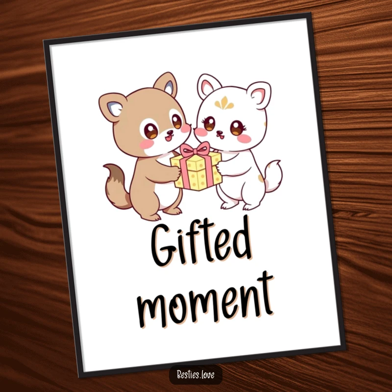 Funny kawaii animals exchanging a birthday gift with excited eyes, a joyful and humorous poster, excellent gift.