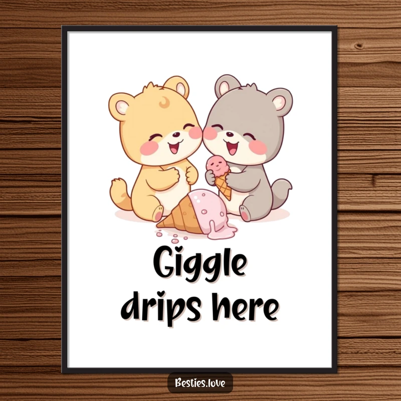 Funny animal pals poster, two cute animals giggling over a spilled ice cream cone, a humorous and charming artwork.