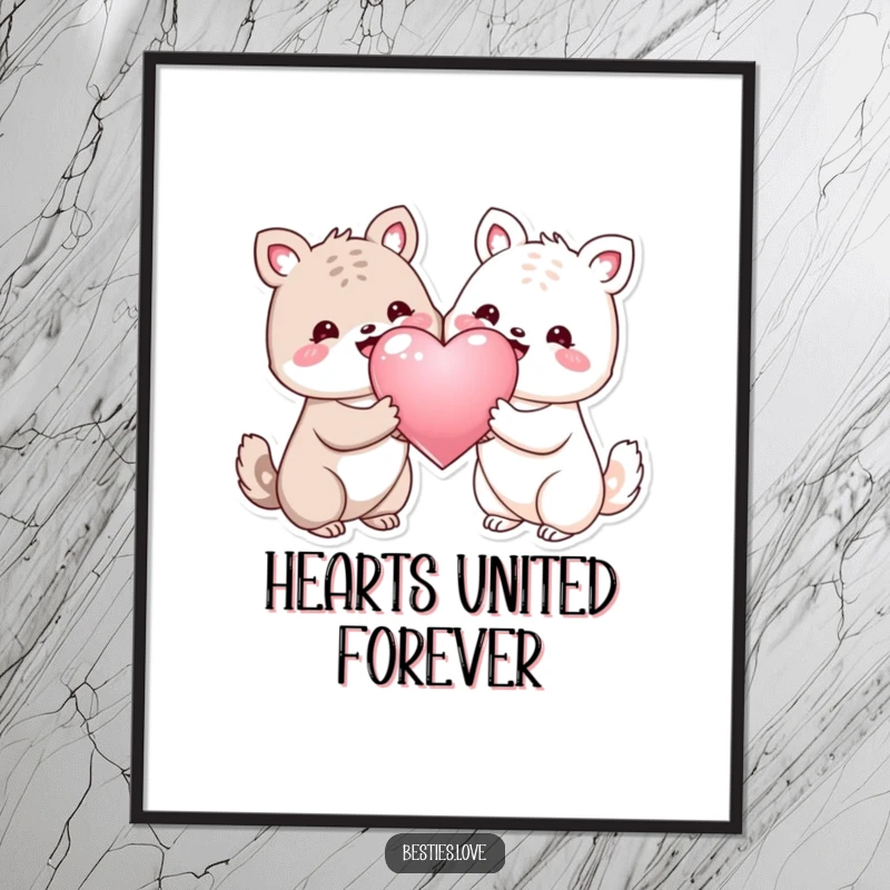 Funny poster depicting two adorable animals sharing a large, gleaming heart, embodying love and happiness.