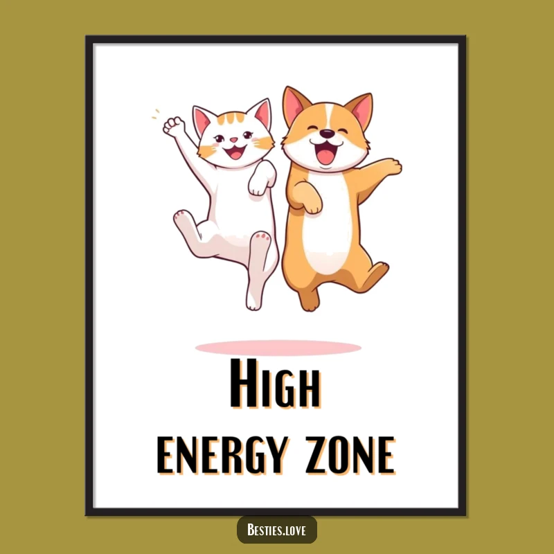 Funny Cat Dog Jump Poster - Playful Pet Pals Wall Art Print