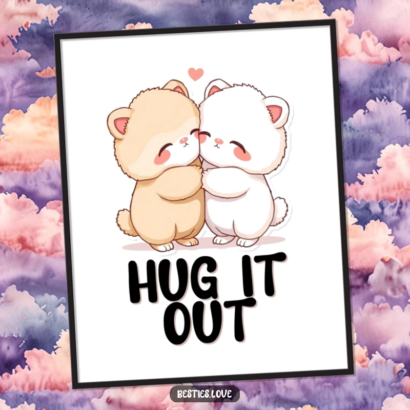Funny poster art depicting two fluffy animals in a loving, closed-eyed hug, symbolizing deep affection and comfort for your wall decor.