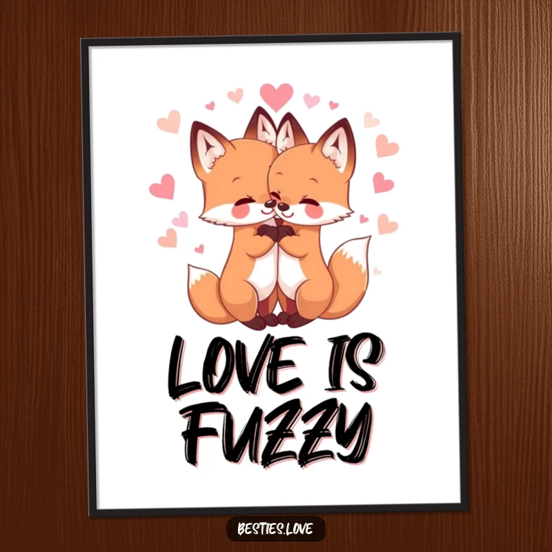 Funny poster showing two adorable fox friends in a loving embrace, encircled by sparkly hearts, adding cute animal charm to any room.
