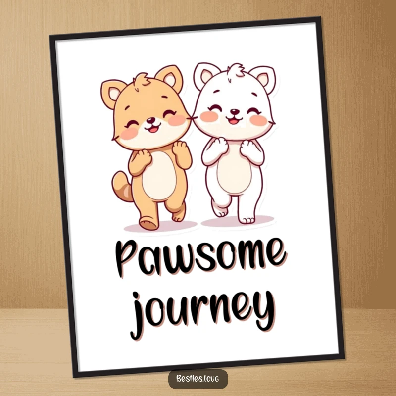 Funny kawaii animals holding paws and walking happily, a heartwarming poster for wall decoration, excellent gift.