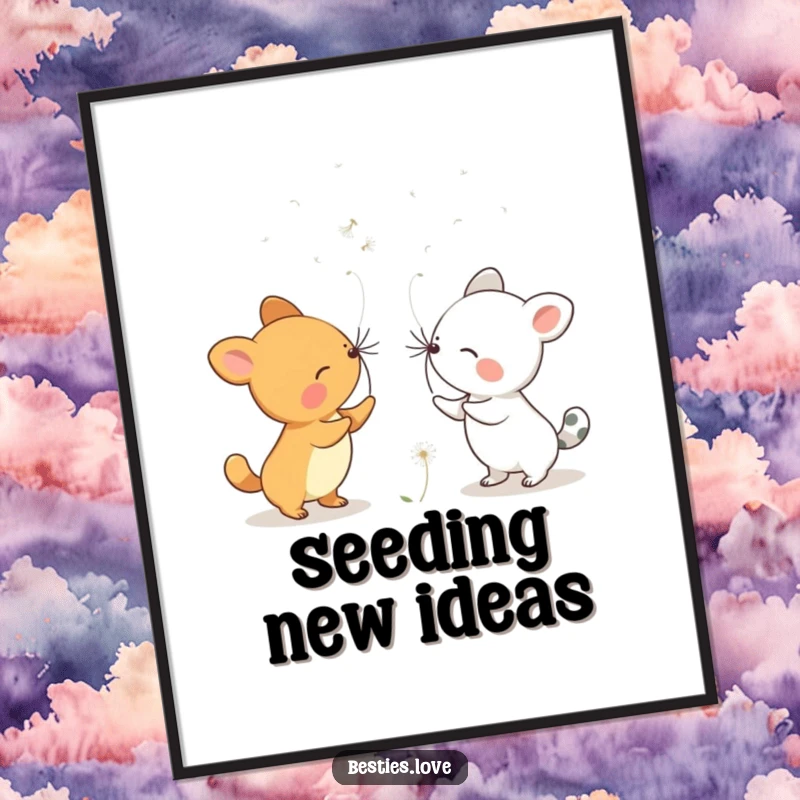 Funny Dandelion Wishes Animals Poster illustrating two creatures sending dandelion wishes into the breeze, signifying hope.