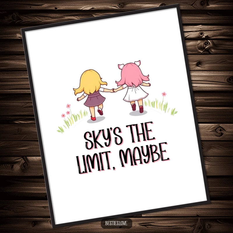 Funny poster showcasing best friends hand-in-hand, skipping joyfully on a bright, winding rainbow path, creating a scene of pure delight.