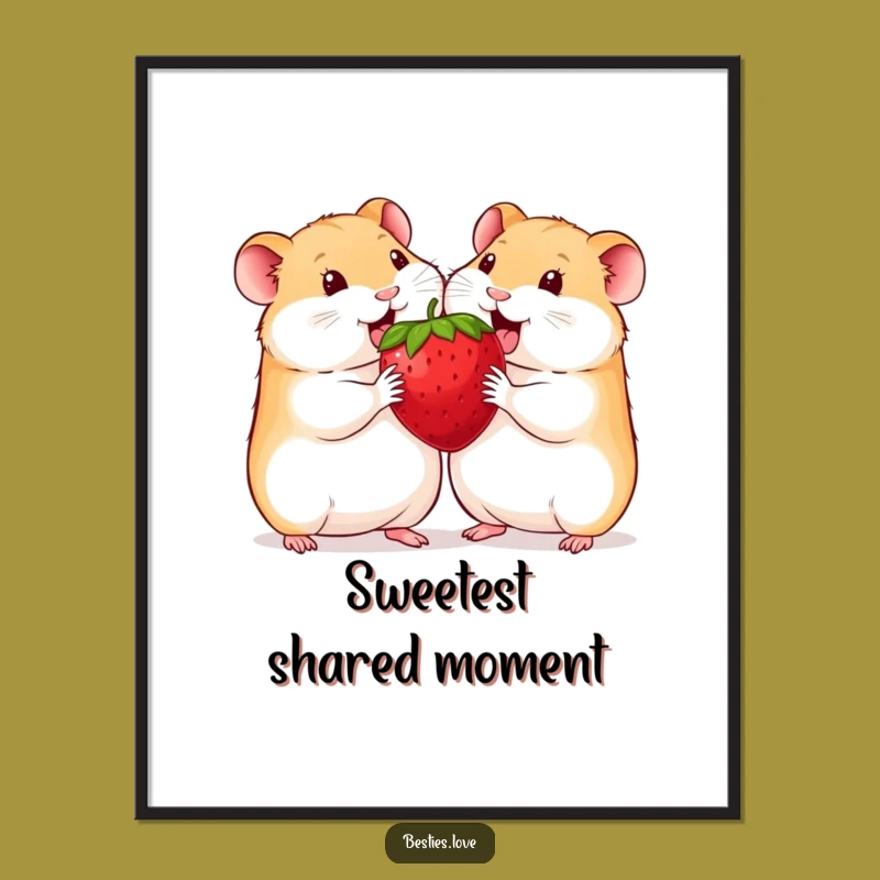 Funny Hamster Poster: Adorable Art Print of Two Friends Sharing a Strawberry