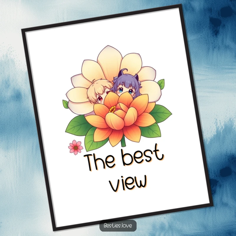 Funny Poster: A vibrant illustration of two characters peeking playfully from behind an oversized, colorful flower, bringing humor to decor.