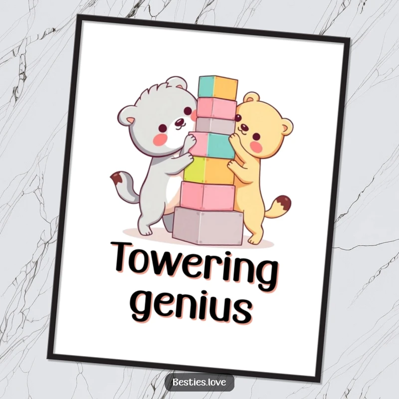 Funny Bestie Animals Poster: An artistic depiction of two friends humorously attempting to build a precarious tower of colorful blocks, celebrating effort.