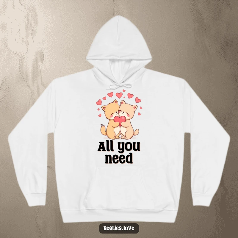 Funny Hoodie: A cozy sweatshirt depicting two animals sharing a blissful hug, with hearts symbolizing their deep connection.