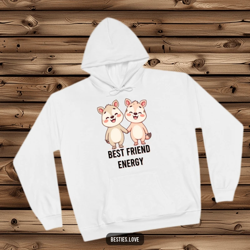 Funny Pals Hoodie with two silly animals holding hands, their faces beaming with broad smiles, offering comfort and joy.
