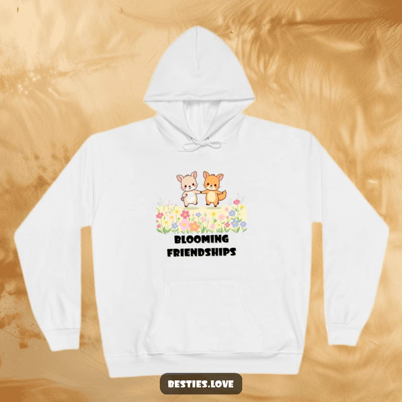 Funny animal friends hoodie depicting two happy creatures holding hands and skipping joyfully through a picturesque field of flowers.