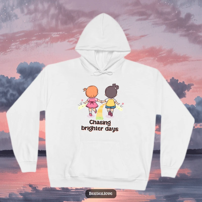 Funny Rainbow Friends Skipping Hoodie depicting two friends sharing a whimsical skip along a glowing rainbow path.