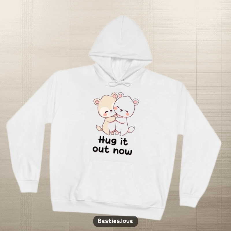 Funny animal hug hoodie featuring two very cute creatures with large heads and short limbs in a heartwarming embrace, perfect for cozy days.