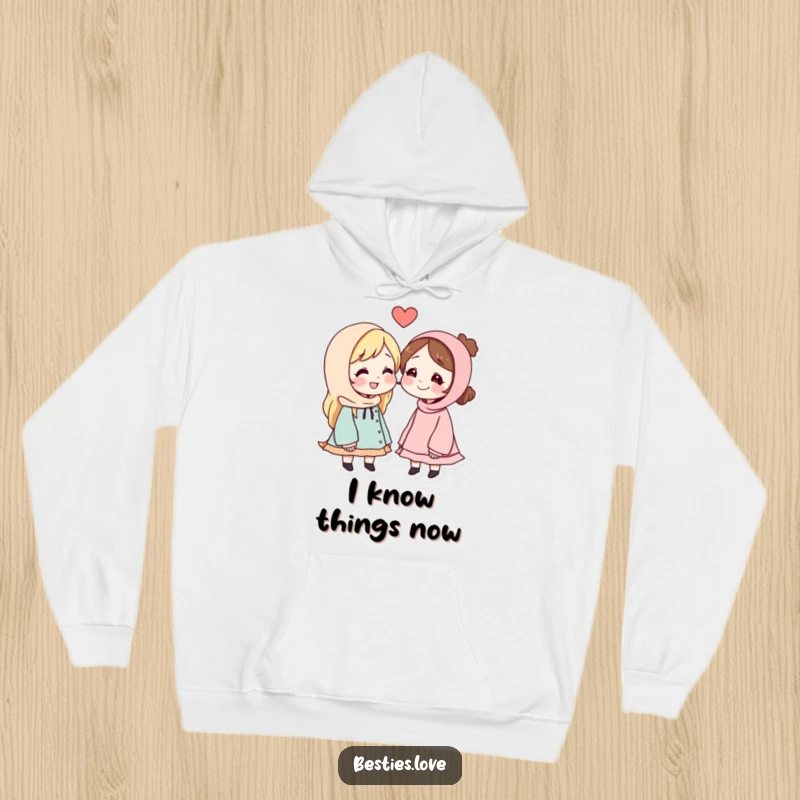Funny and cozy hoodie depicting best friends leaning in conspiratorially to whisper secrets, exuding warmth and playful camaraderie.