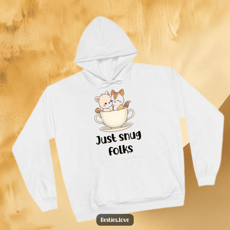 Funny Bestie Animals Hoodie: Two charming animals humorously packed into a miniature teacup, perfect for comfortable, laughter-filled moments.