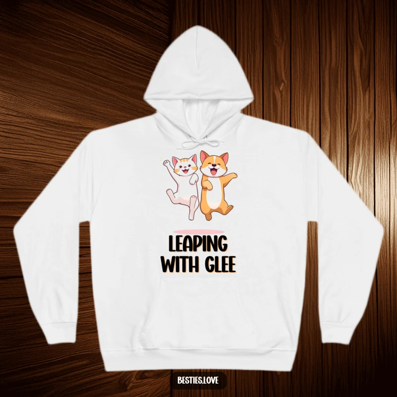 Funny hoodie illustrating a cat and dog jumping high with excitement, kicking their legs in a display of pure, playful energy.