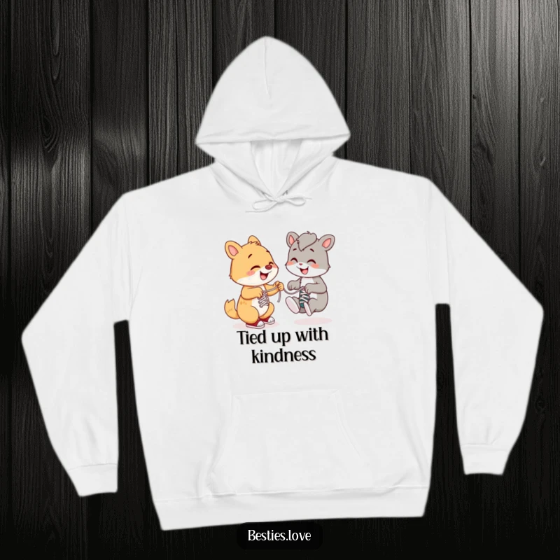 Funny hoodie depicting a smiling animal diligently tying another’s shoelaces, symbolizing helpfulness and camaraderie with a humorous edge.