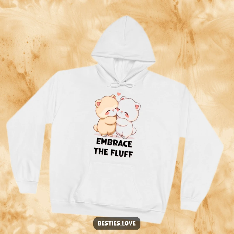 Funny hoodie showing two incredibly fluffy animals in a tight, loving hug with eyes closed, radiating warmth and deep affection.